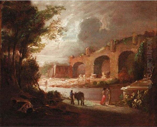 Figures In Front Of A Roman Aqueduct Oil Painting by Richard Wilson