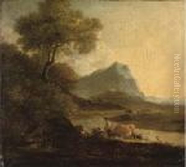 A Drover With Cattle And Sheep In A Mountainous Landscape Oil Painting by Richard Wilson