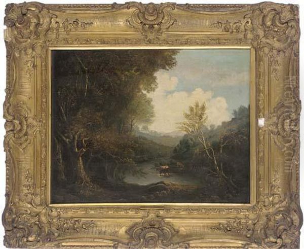 Cattle Watering In A Wooded River Landscape Oil Painting by Richard Wilson