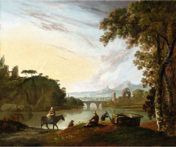 Travellers Resting By A Tomb Beside A Lake In A Classical Landscape Oil Painting by Richard Wilson