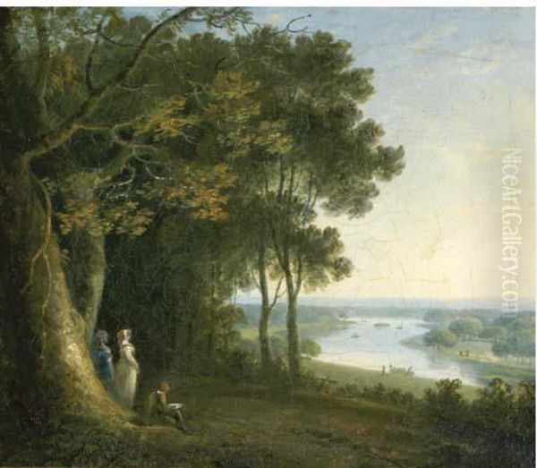 An Artist Sketching With Figures On Richmond Hill, A View Of The Thames Beyond Oil Painting by Richard Wilson