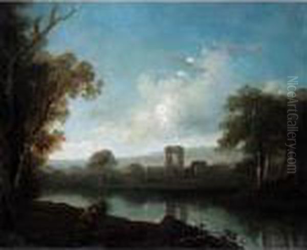 Figures Alongside A River Oil Painting by Richard Wilson