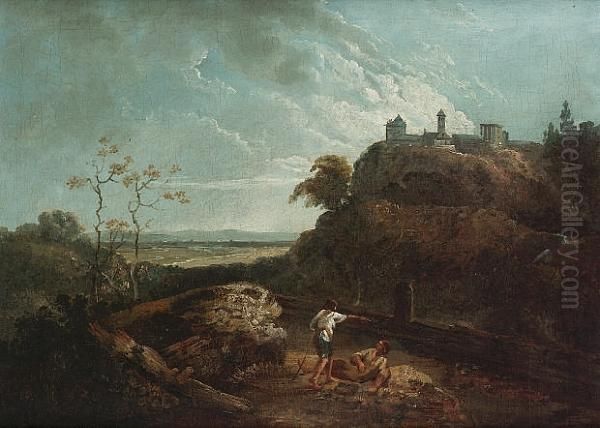 Two Travellers Resting With A View To Tivoli Beyond Oil Painting by Richard Wilson