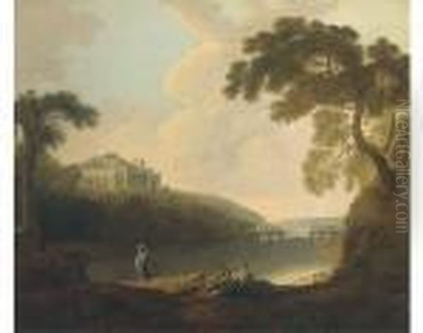 Figures Before A Classical Ruin Oil Painting by Richard Wilson