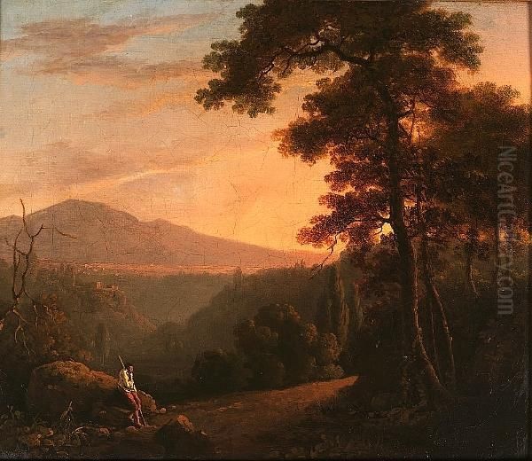 An Italianate Wooded Landscape With A Traveller Resting Near A Path, A Mountain Beyond Oil Painting by Richard Wilson