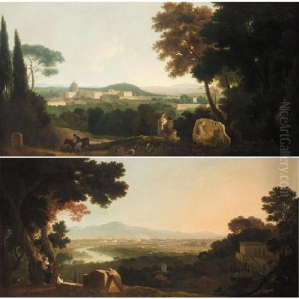 Rome From The Villa Madama; And St Peter's And The Vatican From The Janiculum Oil Painting by Richard Wilson