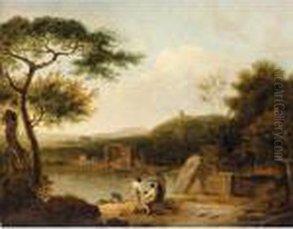 Lake Avernus With Figures In The Foreground And The Temple Of Apollo Beyond Oil Painting by Richard Wilson