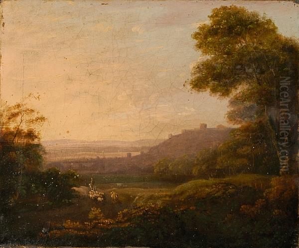 A Shepherd And His Flock In An Italian Landscape Oil Painting by Richard Wilson