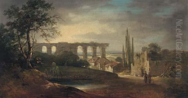 Figures In An Italianate Landscape Oil Painting by Richard Wilson