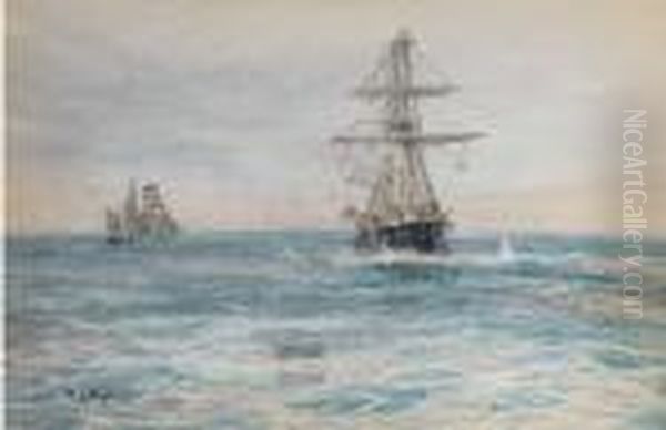 An Ironclad And A Barquentine In Mid-channel Oil Painting by William Lionel Wyllie