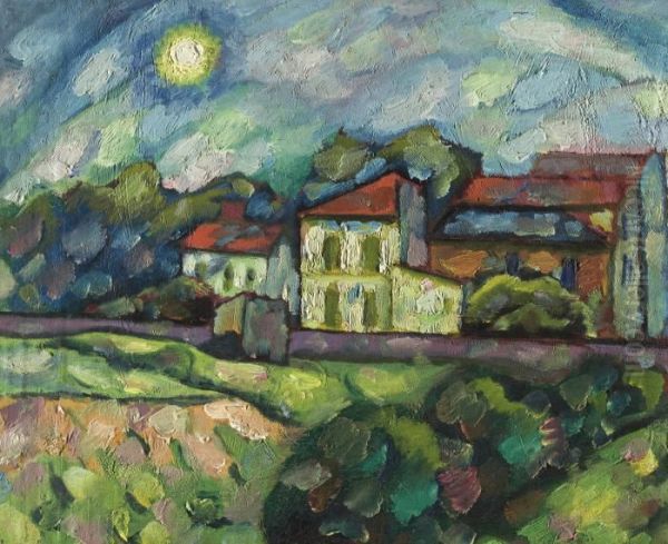 Landscape With Red Roofs Oil Painting by Vladimir Baranoff-Rossine