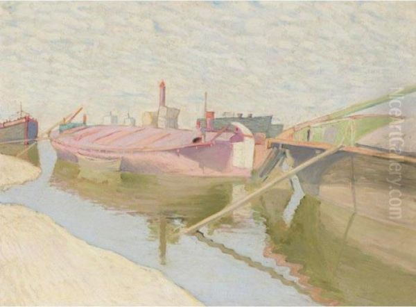 Barges On The Canal Oil Painting by Vladimir Baranoff-Rossine