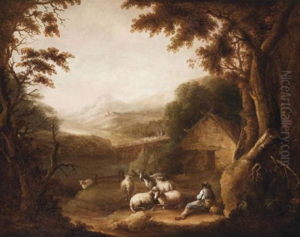 A Wooded Landscape With A Shepherd And His Herd At Rest Oil Painting by Thomas Barker of Bath