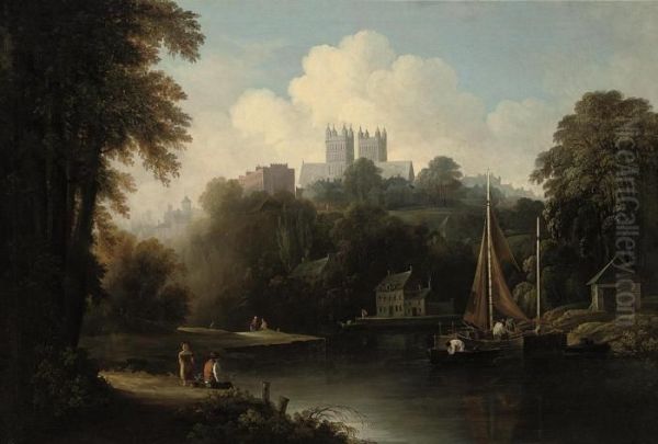 A View Of The River Weir With An Angler On A Bank, Durham Cathedralbeyond Oil Painting by Thomas Barker of Bath