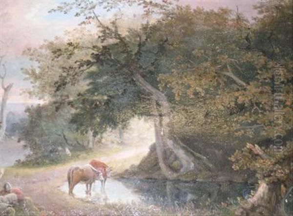 Figures And Cattle Before A Woodland Pond Oil Painting by Thomas Barker of Bath