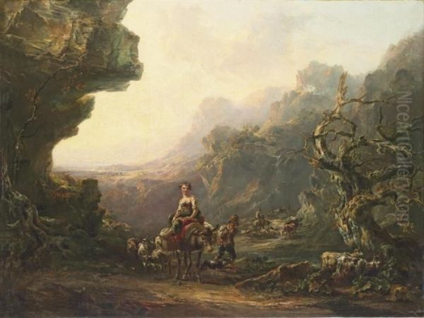 A Mountainous Landscape With 
Travellers On A Path In The Foreground, A Herd Of Sheep Fording A River 
Beyond Oil Painting by Thomas Barker of Bath