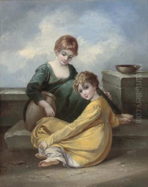 Two Children Seated Beside A Wall Oil Painting by Thomas Barker of Bath