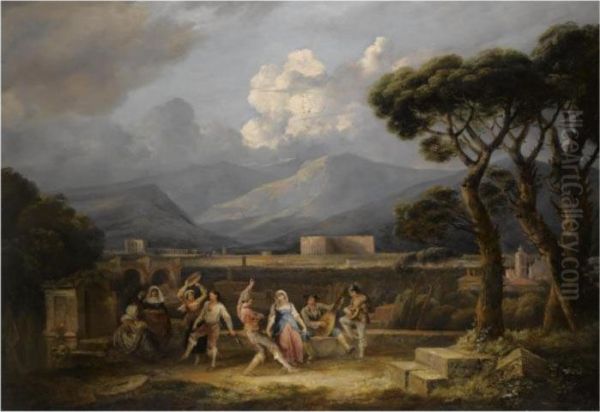 The Saltarello, With A View Of The Colosseum, Rome Oil Painting by Thomas Barker of Bath