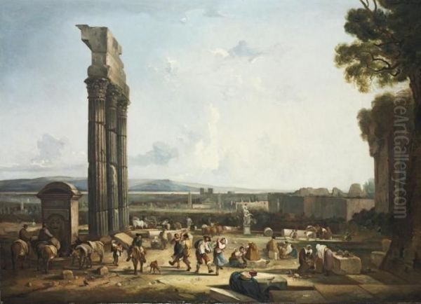 An Extensive Capriccio Landscape
 With Peasants Desporting Themselves By The Baths Of Caracalla, A View 
Of Rome Beyond Oil Painting by Thomas Barker of Bath