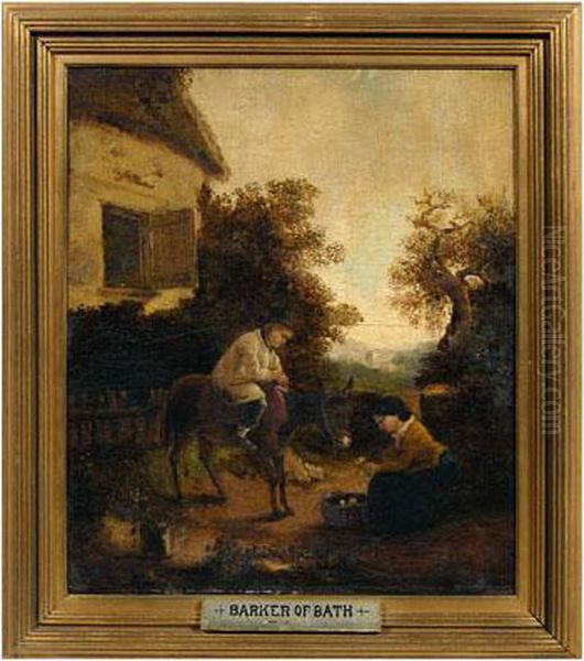 Two Children And A Donkey Outside A Cottage Oil Painting by Thomas Barker of Bath