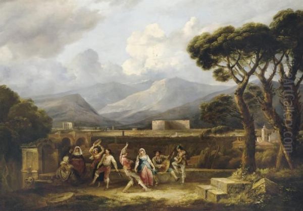 La Salterella : Danseurs 
Napolitains Devant Le Monastere De Sanpietro In Montorio, A Rome, Un 
Jour De Fete Oil Painting by Thomas Barker of Bath