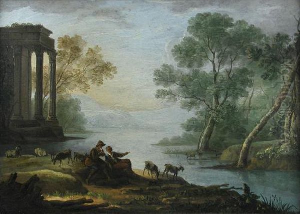 Italianatelandscape With Goatherds Making Music By A Lake Oil On Canvas 32 X45cm Oil Painting by Thomas Barker of Bath