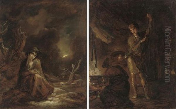 Scenes From William Cowper's 
'the Task' (1785): A Moonlit Winter Landscape With 'crazy Kate' At Rest 
On A Track; And A Boy Stringing A Bow Oil Painting by Thomas Barker of Bath