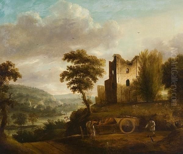 River Landscape With Figure, Horses And Timber Cart Before Castle Ruins Oil Painting by Thomas Barker of Bath