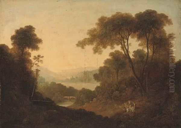 A Wooded River Landscape With Travellers At Rest On A Bank Oil Painting by Thomas Barker of Bath