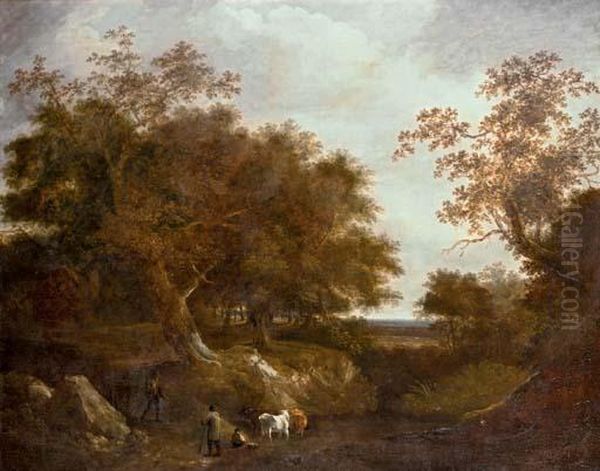 Travelers On A Path With Cattle Watering At A Pool In A Wooded Landscape Oil Painting by Thomas Barker of Bath