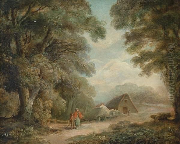 Woodland Path With Figures And Cottage Oil Painting by Thomas Barker of Bath