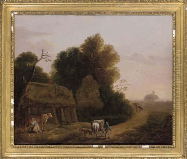 A Maid Milking A Cow Beside A Country Road Oil Painting by Thomas Barker of Bath