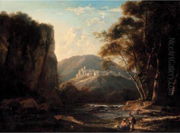 Classical Landscape With Figures Resting By A Stream Oil Painting by Thomas Barker of Bath