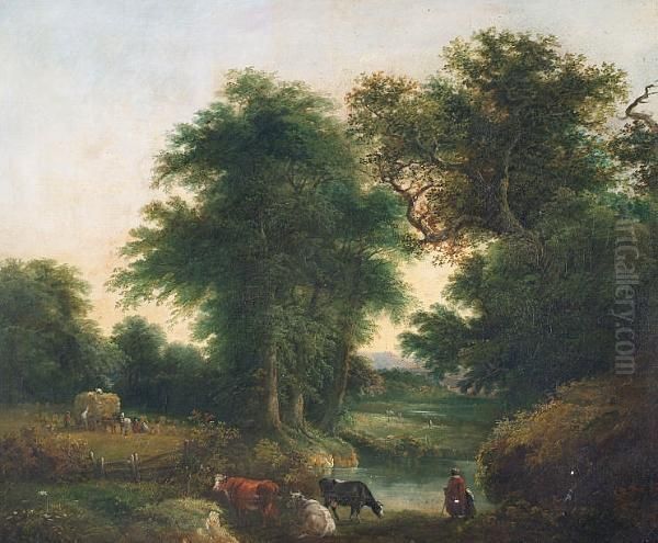 Woodland Stream With Cattle Watering, And Haymakers In Field Beyond Oil Painting by Thomas Barker of Bath