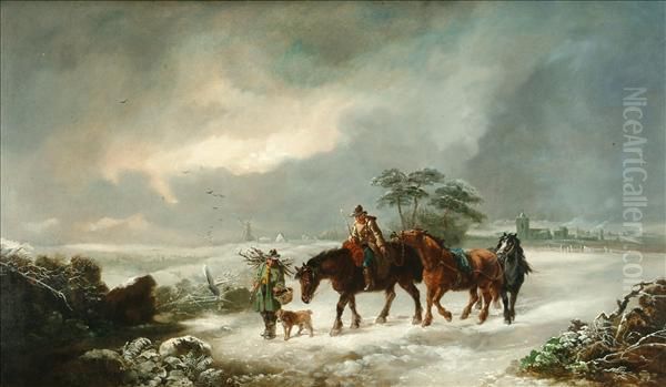 Horses Andfigures In A Winter Landscape Oil Painting by Thomas Barker of Bath