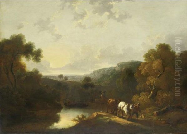 Landscape With Horses And Barge Oil Painting by Thomas Barker of Bath