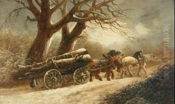 Rustics Driving A Timber Wagon Through Snow Oil Painting by Thomas Barker of Bath