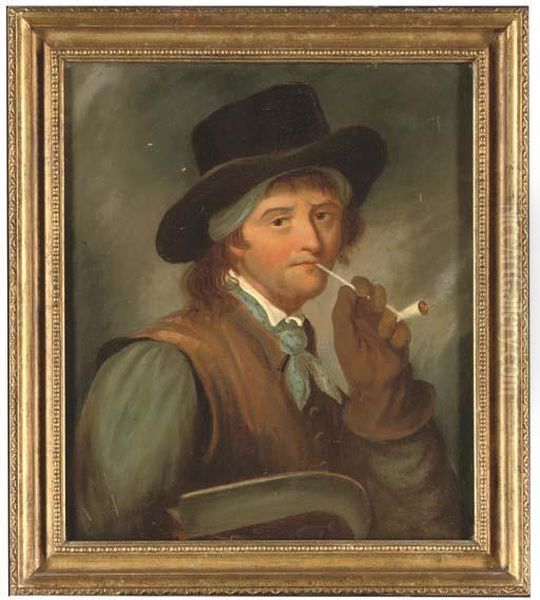 A Labourer, Bust-lenght, Smoking A Pipe, Holding A Hedging Scythe Oil Painting by Thomas Barker of Bath