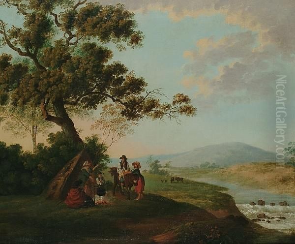 A Gypsy Encampment; Elegant Figures On A Country Lane Oil Painting by Thomas Barker of Bath