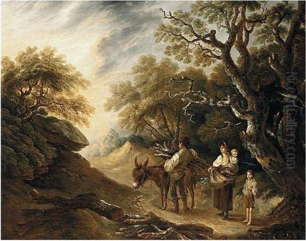 A Wood Gatherer And His Family Loading A Donkey In An Extensive Landscape Oil Painting by Thomas Barker of Bath