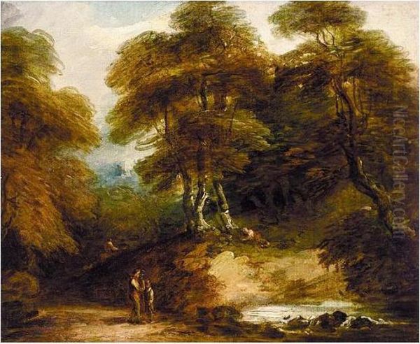 Rustic Landscape With Figures By A Stream Oil Painting by Thomas Barker of Bath