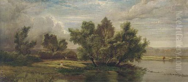 Anglers On A Tranquil Stretch Of The River Oil Painting by Henry John Boddington