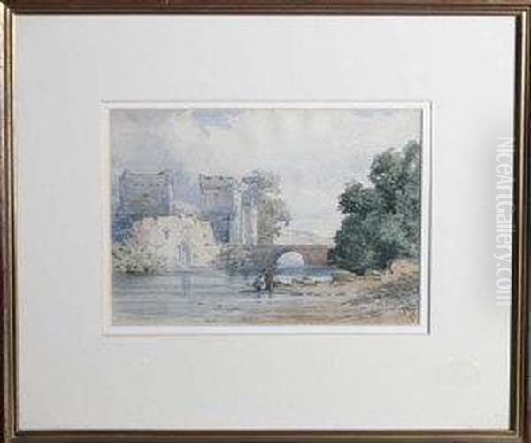 Two Anglers At A Riverbank Near A Castle Oil Painting by John Callow