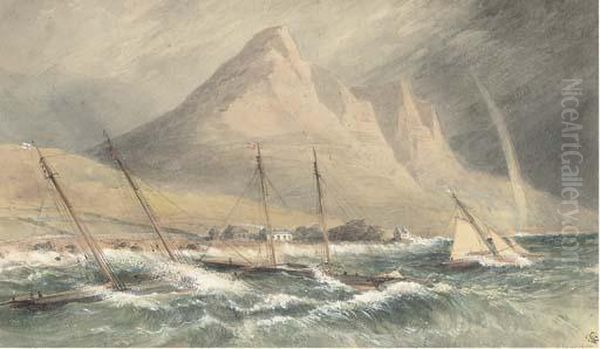 Racing Schooners Anchored 
Inshore And Riding Out The Gale Off Theirish Coast, Possibly Co. Down Oil Painting by John Callow