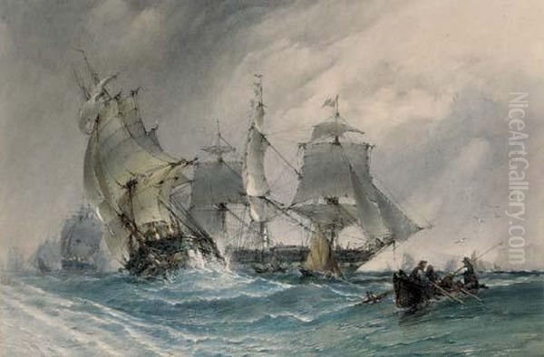 A Squadron Running Down The Channel With The Flagship Heaving-to Oil Painting by John Callow