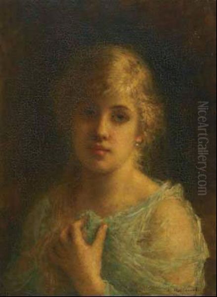 Young Blonde In A Chiffon Dress Oil Painting by Alexei Alexeivich Harlamoff