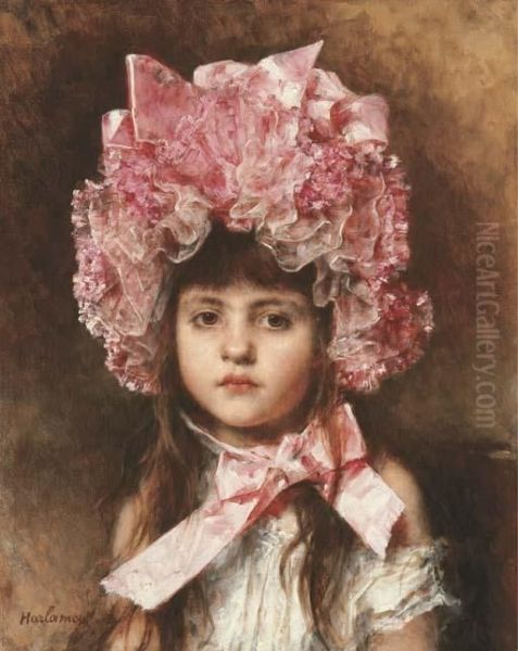 The Pink Bonnet Oil Painting by Alexei Alexeivich Harlamoff