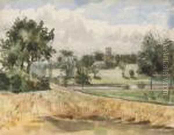 A View Across A Cornfield, A Church In The Distance (illustrated); And The Churchyard Oil Painting by Thomas Gainsborough