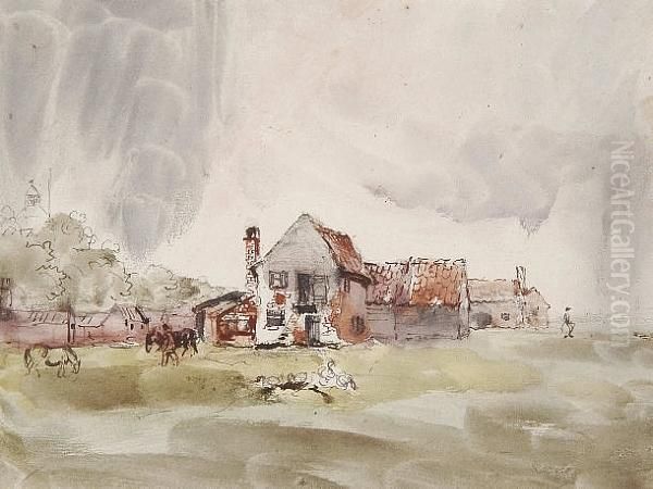 Farmhouse With Figures And Horses Oil Painting by Thomas Gainsborough