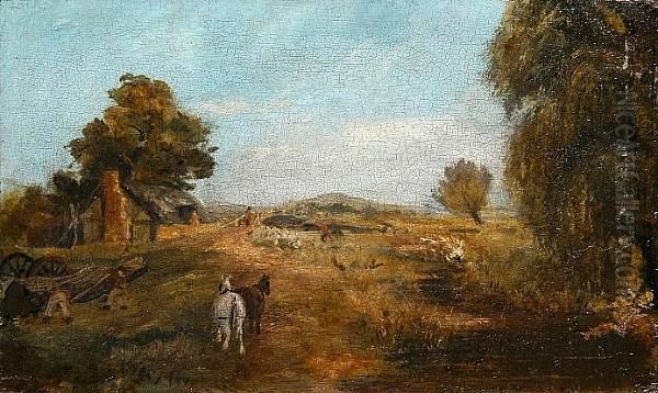 Farmworkers And Their Horses By A Thatched Cottage Oil Painting by Thomas Gainsborough